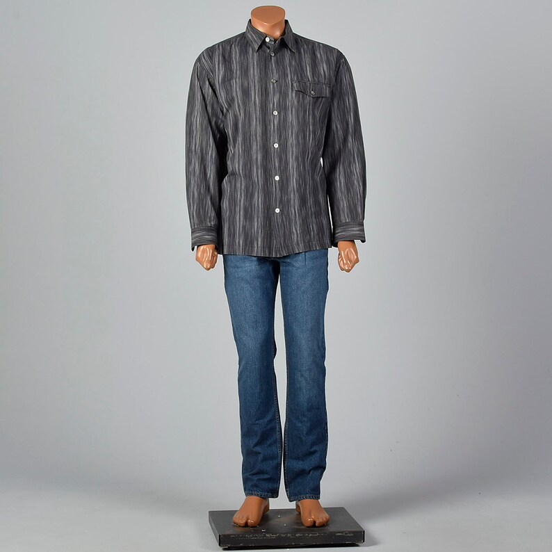 XXL Issey Miyake Striped Button Down Shirt Pocket Long Sleeve Square Bottom Grey Cotton Button Up