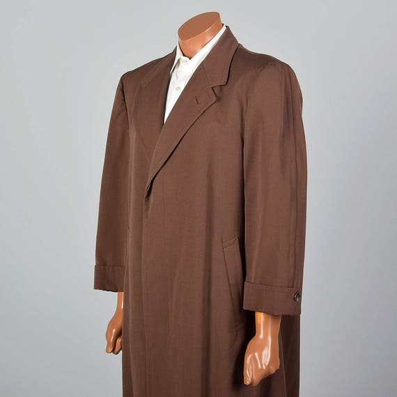 Large 1950s Mens Brown Gabardine Winter Coat Long Sle… - Gem