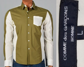 Medium Mens Two Tone Color Block Shirt Comme des Garcons Long Sleeve Green White Pocket Button Down