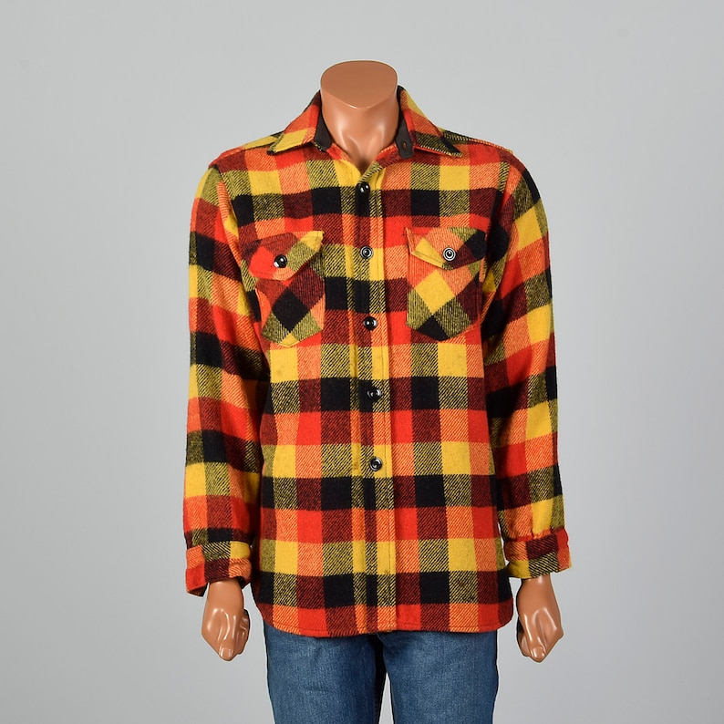XL 1950s Mens Plaid Wool Shirt Long Sleeve Woven Red Yellow Flap Pockets Button Front Rounded Bottom 50s Vintage Shirt