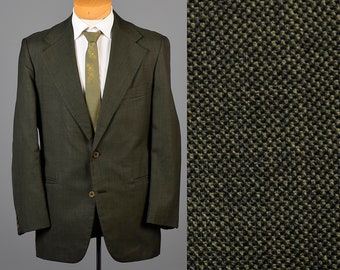 42 Long 1970s Mens Jacket Blazer Sportcoat Two Button Green Tapered Athletic Vintage 1970s 70s Wide Lapel