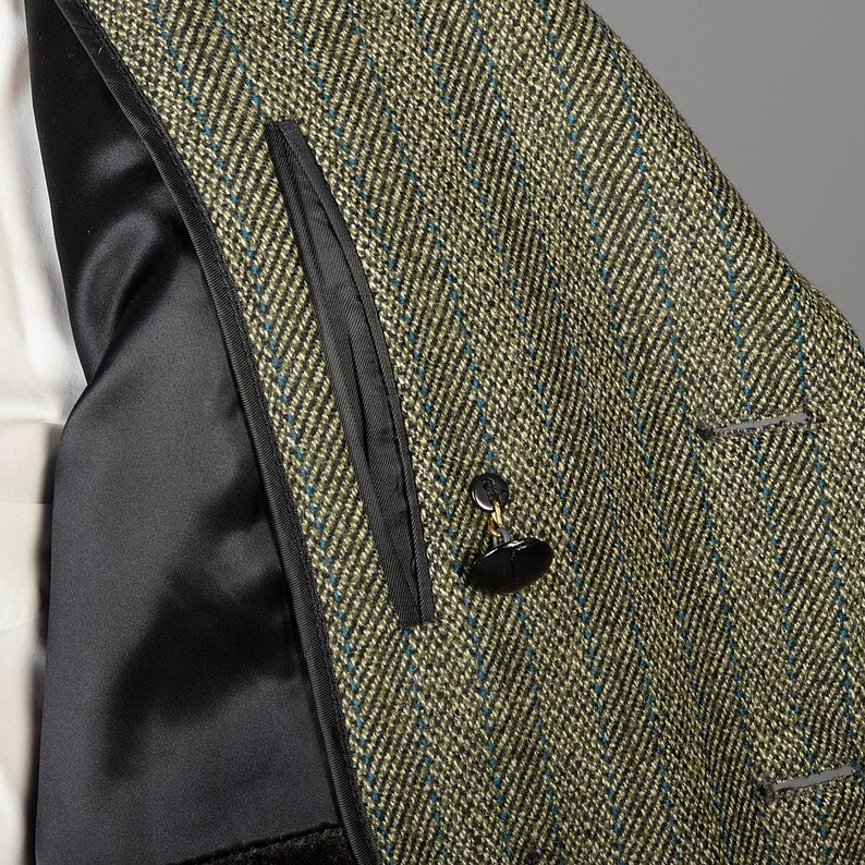 Vintage 70s Mens Mod Tweed Winter Coat Double Breasted Green Stripe Blue Pinstripe 40