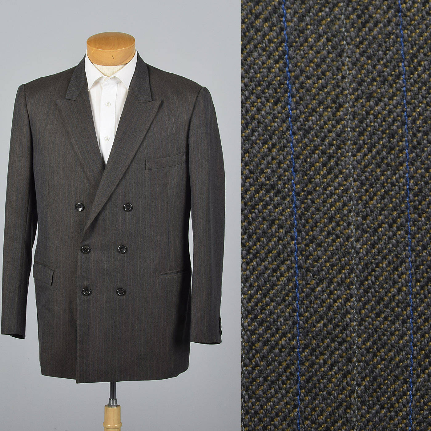 42L 1980s Mens Double Breasted Suit Jacket Gray Blue Pin Stripes Medium ...