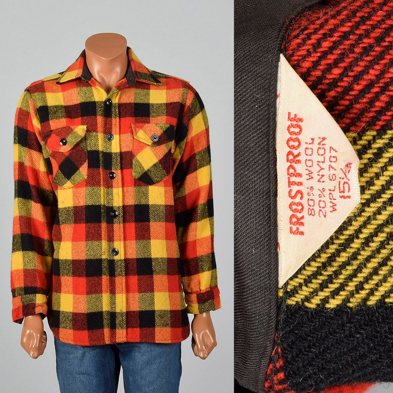 XL 1950s Mens Plaid Wool Shirt Long Sleeve Woven Red Yellow Flap Pockets Button Front Rounded Bottom 50s Vintage Shirt