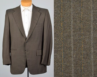 Large 41R 1970s Mens Gray Pinstripe Jacket Single Vent Wide Lapel Convertible Pockets Grey 70s Vintage blazer