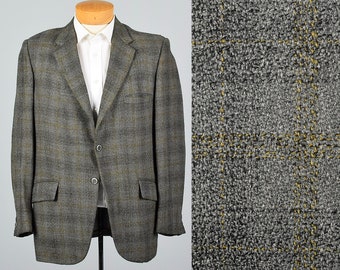 XL 43L 1960s Mens Gray Plaid Jacket Yellow Stripe Double Vent Convertible Flap Pocket 60s Vintage Menswear