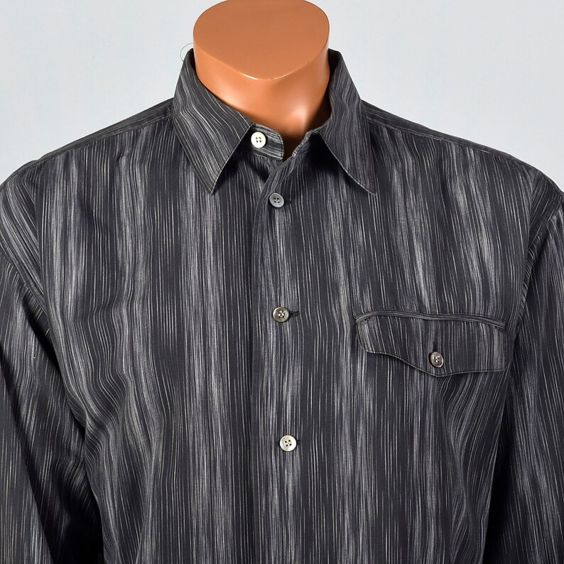 XXL Issey Miyake Striped Button Down Shirt Pocket Long Sleeve Square Bottom Grey Cotton Button Up