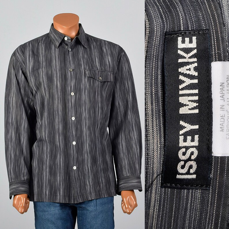 XXL Issey Miyake Striped Button Down Shirt Pocket Long Sleeve Square Bottom Grey Cotton Button Up