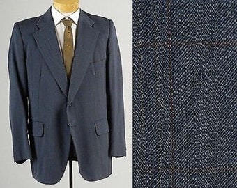 Mens Vintage 70s Mod Blue Pinstripe Windowpane Jacket Sportcoat Wide Lapel 42  43