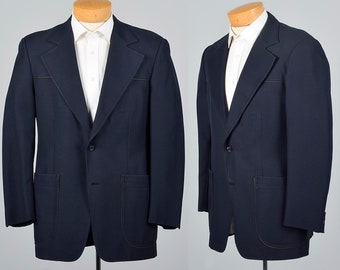 Medium 40R 1970s Mens Navy Blue Blazer Single Vent Wide Lapels Patch Pockets 70s Vintage Jacket