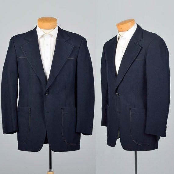 Medium 40R 1970s Mens Navy Blue Blazer Single Ven… - image 1