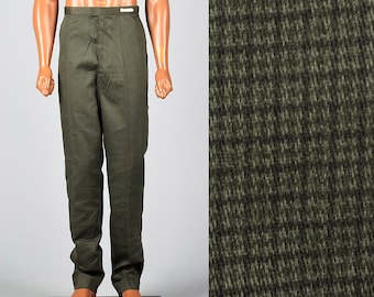 Medium 1960s Deadstock Green Checked Pants Flat Front Tapered Legs Pockets Zip Front 60s Vintage Slacks