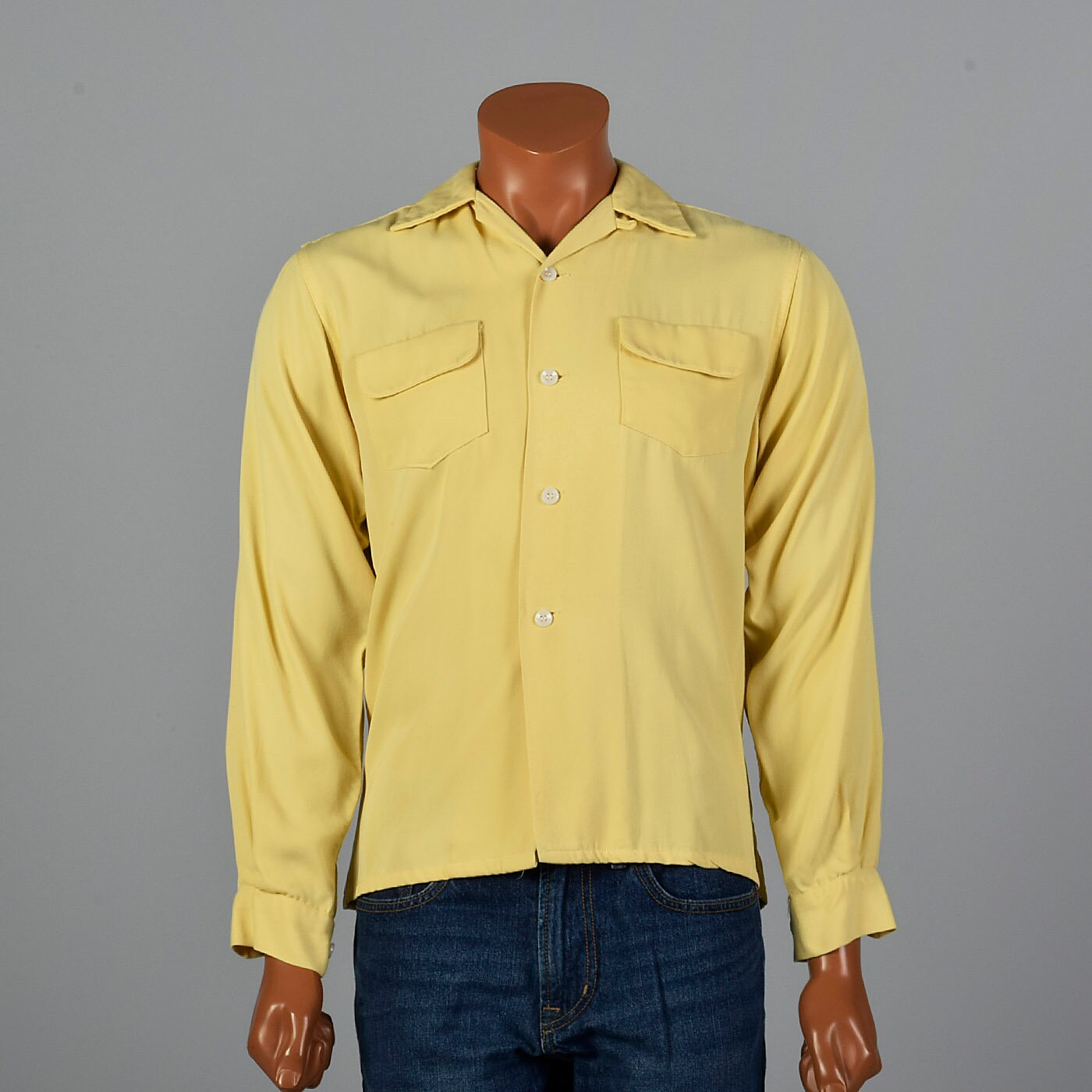 Large 1950s Mens Yellow Long Sleeve Shirt Button Cuff Straight Bottom
