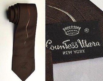 1970s Mens Tie 70s Necktie Tie Neck Brown Wavy Line Necktie Neck Tie Logo Embroidered Vintage Mens 70s Vintage