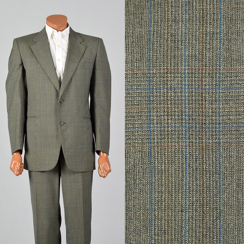 Large 43R 1970s Mens Green Plaid Suit Two Piece Convertible Etsy