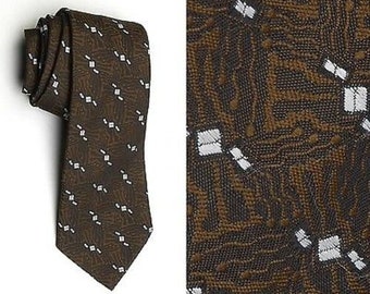 1970s Mens Necktie Tie Neck Tie Textured Dark Light Brown White Op Art Menswear 70s Vintage