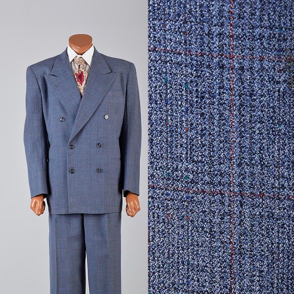 Mens Vintage 1940s Double Breasted Suit Two Pair Pants Blue Fleck Windowpane 42L 42 Dropped Belt Loops