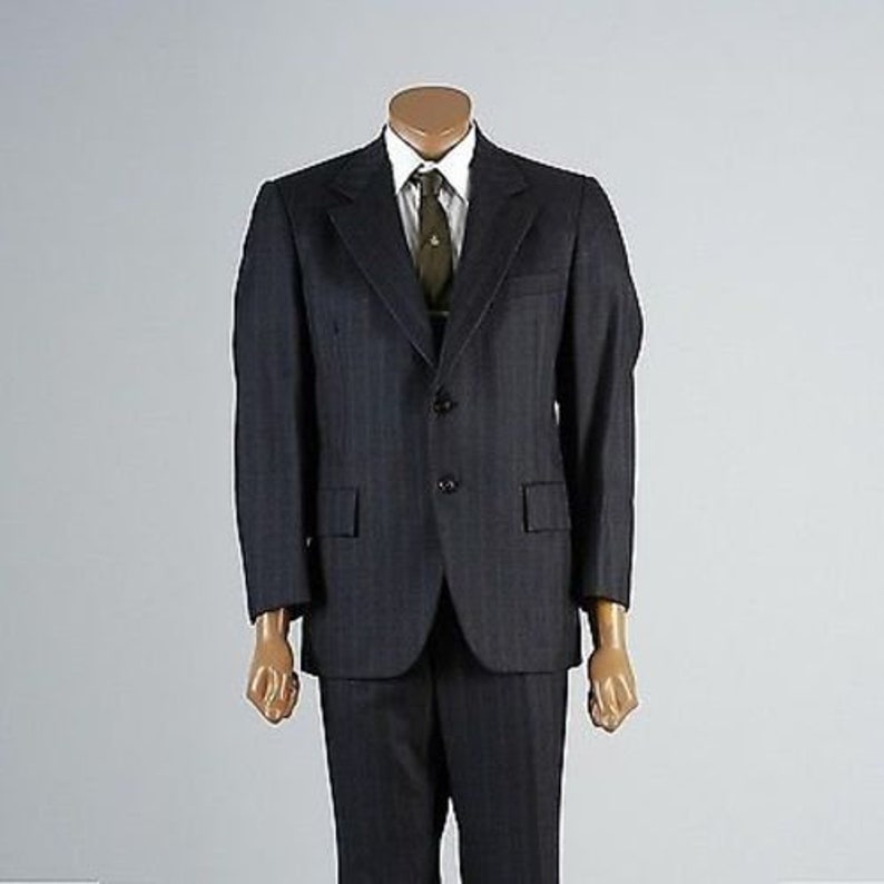 Mens Vintage 70s Hart Schaffner Marx Charcoal Blue Tan Stripe Two Piece Suit Jacket Pants Wool 40 40R 40S