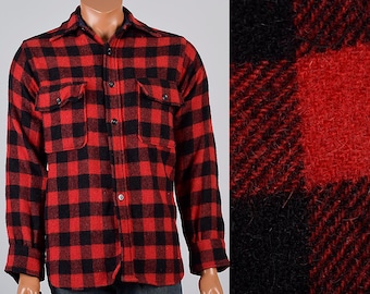 Mens Vintage 50s Red Black Buffalo Check Wool Shirt Winter Hunting Mid Century Lumberjack