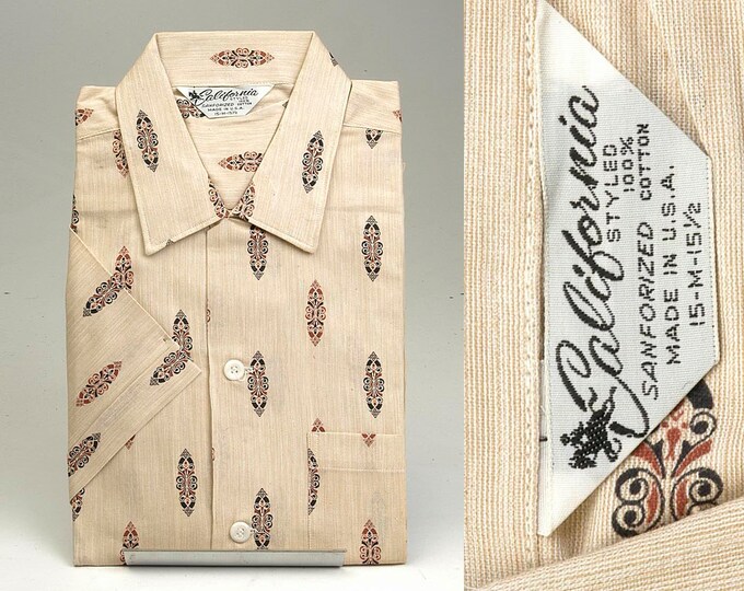 1950s Mens Deadstock Shirt with Novelty Stained Glass Print