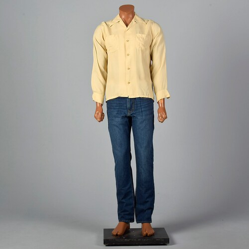 Large 1950s Mens Yellow Micro Check Shirt shops Pointed Loop Collar Square Bottom Long Sleeve Vintage 50s Rockabilly Button Down