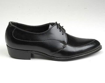 NOS Deadstock Mens Vintage 60s Black Leather Oxford Derby Shoes Lace Up Slim pointed Toe 8