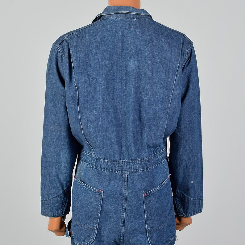 XL 1960s Mens Zip Front Coveralls Distressed Denim Workwear Patch Pockets Snap Cuff Belted 60s Vintage Blue Jean Overall