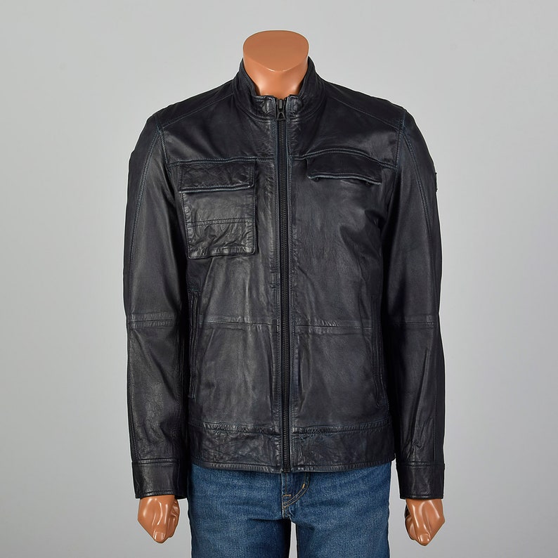 Medium Hugo Boss Leather Jacket Navy Cafe Racer Motorcycle - Etsy