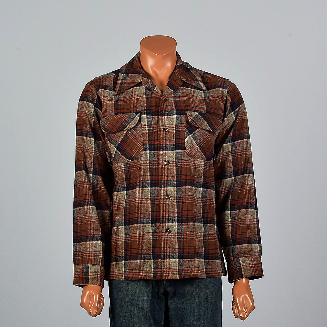 XL 1960s Mens Pendleton Wool Plaid Shirt Long Sleeve Square Cut Patch