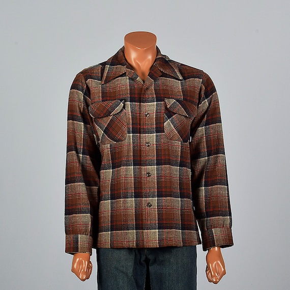 XL 1960s Mens Pendleton Wool Plaid Shirt Long Sle… - image 2