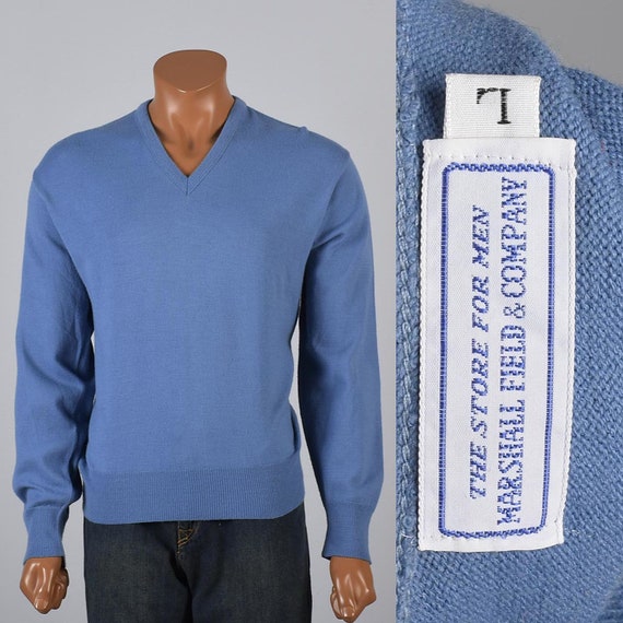 Large 1960s Mens Knit Sweater Blue Sweater Pull Ov