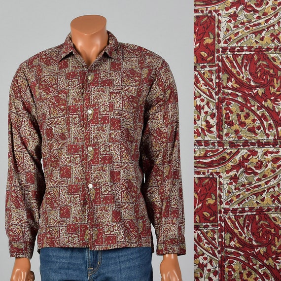 Large 1950s Mens Button Down Shirt Long Sleeve Squ
