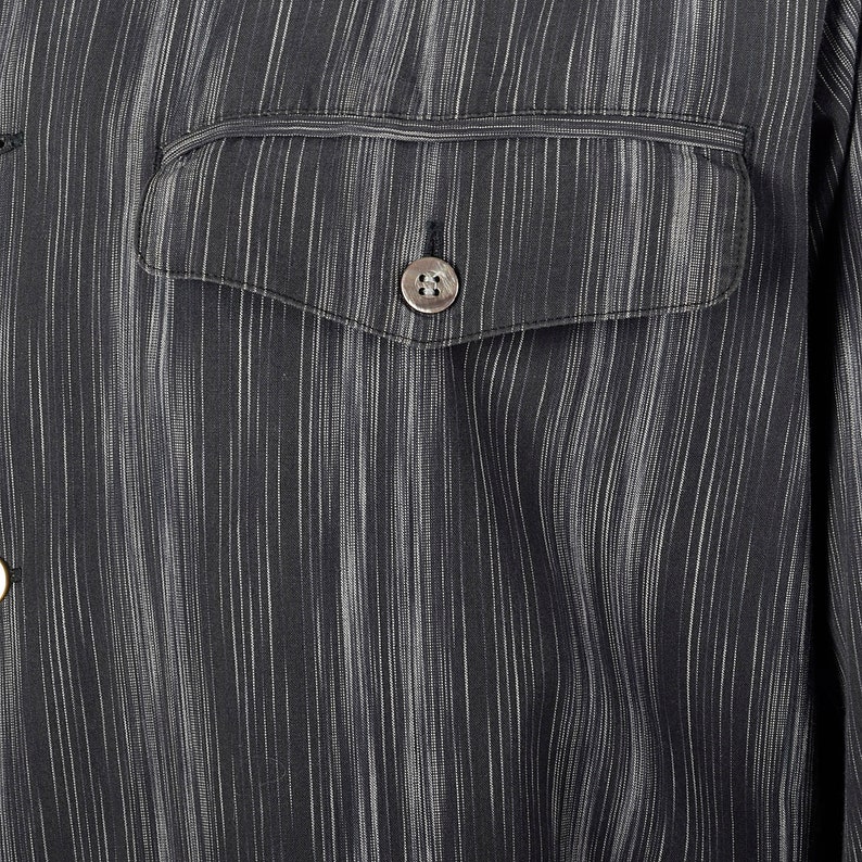 XXL Issey Miyake Striped Button Down Shirt Pocket Long Sleeve Square Bottom Grey Cotton Button Up