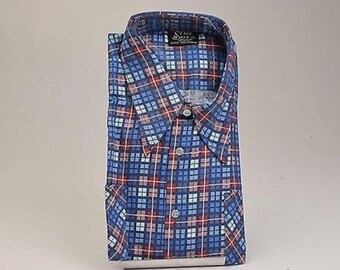 NOS Deadstock Mens Vintage 70s 100% Cotton Preshrunk Blue Plaid Check Flannel Shirt Long Sleeve Button Up Heavy Duty Tailored XL