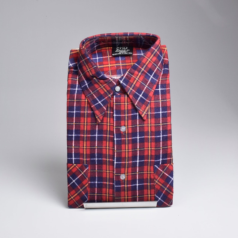 1970s Deadstock Mens Plaid Flannel Shirt Long Sleeve Red Two Pocket Fall 70s Vintage Buttons Down