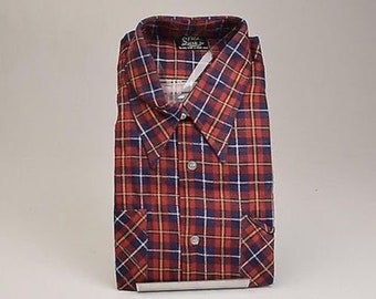 NOS Deadstock Mens Vintage 70s 100% Cotton Preshrunk Red Blue Plaid Flannel Shirt Long Sleeve Button Up Heavy Duty Tailored XL