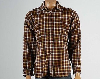 Mens Vintage 60s Pendleton Mustard Brown Check Plaid Shirt Board Work Long Sleeve Large