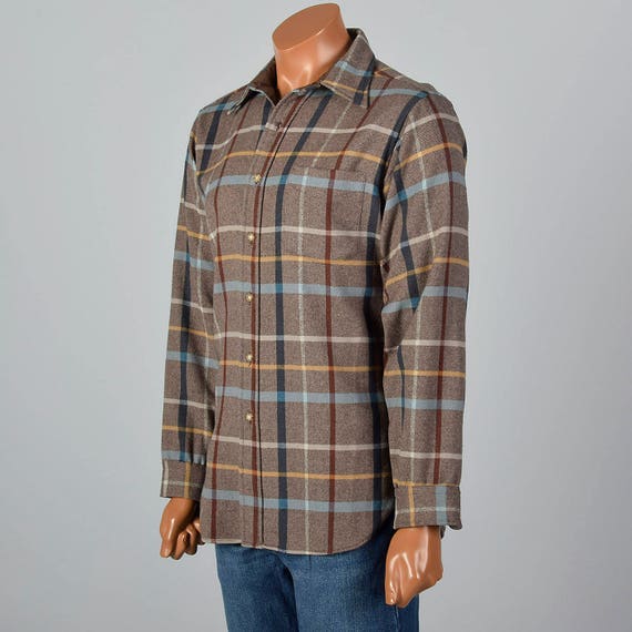 Large 1960s Mens Pendleton Brown Plaid Shirt Long… - image 3