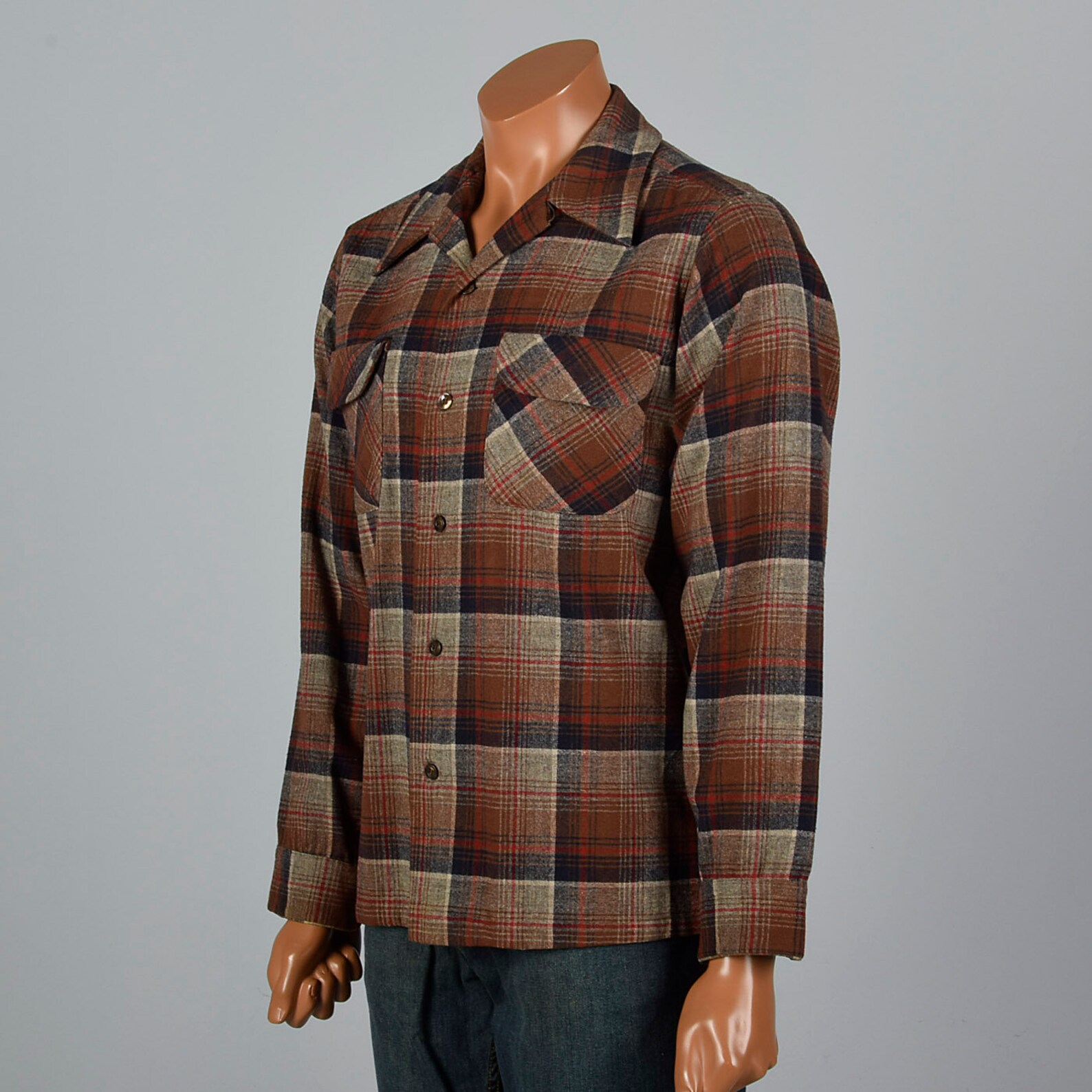 XL 1960s Mens Pendleton Wool Plaid Shirt Long Sleeve Square Cut Patch