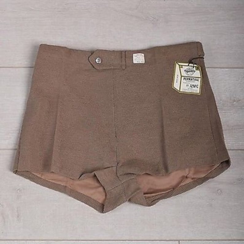RARE NOS Deadstock sz 34 Vintage Mens 60s Mod Brown Tan Khaki Cotton Knit Mini Short Shorts High Rise Summer South Beach image 5