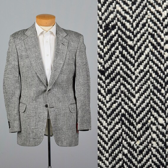 Large 40S 1990s Mens Black and White Herringbone Sportcoat Single