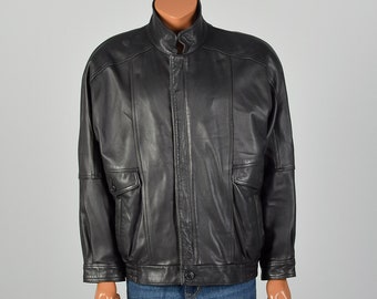 Large 1990s Mens Leather Jacket Black Minimalist Simplistic Lightweight Coat