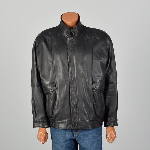 Large 1990s Mens Leather Jacket Black Minimalist S