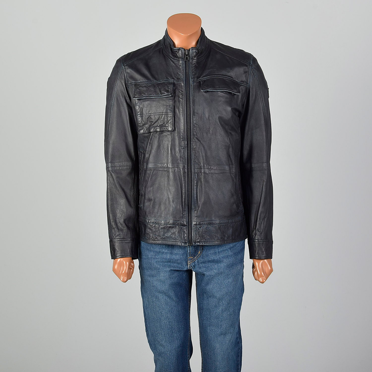 Medium Hugo Boss Leather Jacket Navy Cafe Racer Motorcycle | Etsy