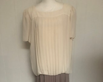 Vintage Women's 1980s Dress in beige and taupe