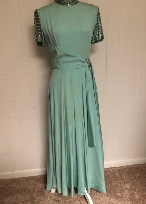 Vintage 1950's Mint Green Gown with Jewels.  An o… - image 1