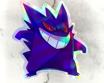 May include: Holographic sticker of a purple cartoon character with a wide grin and red eyes. The character has spiky features and is in a dynamic pose. The sticker has a shiny, iridescent finish, reflecting various colours.