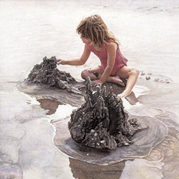Steve HANKS S/N LEP Signed and Numbered Limited Edition Print " Castles in the Sand " Beach Water Child Plays Ripples Beach Waterfront Art