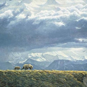 May include: An oil painting depicts a family of bears walking across a grassy ridge. The bears are light brown, with a larger bear leading two smaller cubs. The background features snow-capped mountains under a cloudy sky.