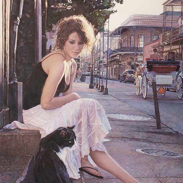 Steve HANKS " Companions of the Big Easy " Limited Edition Canvas Companions Woman Sitting Steps Stray Cat New Orleans Big City Wonder Love